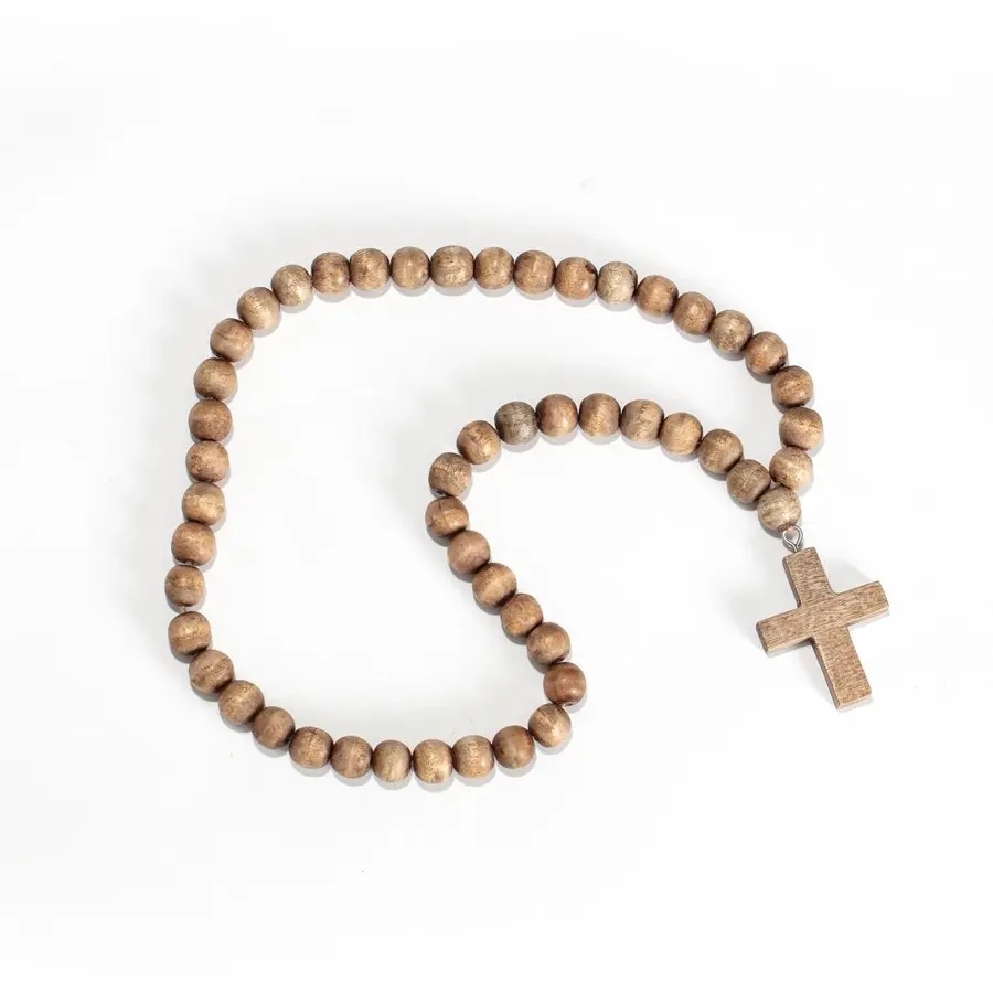 Willow & Silk Wooden 60cm Beads Necklace w/ Cross Ornament/Religious