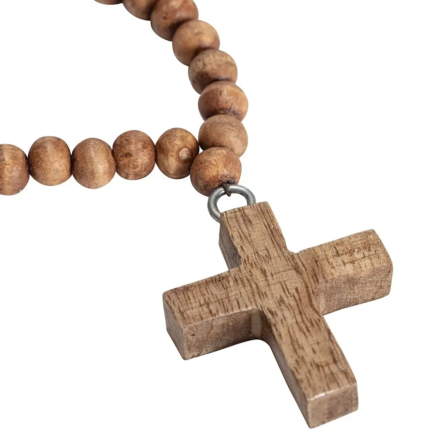 Willow & Silk Wooden 60cm Beads Necklace w/ Cross Ornament/Religious