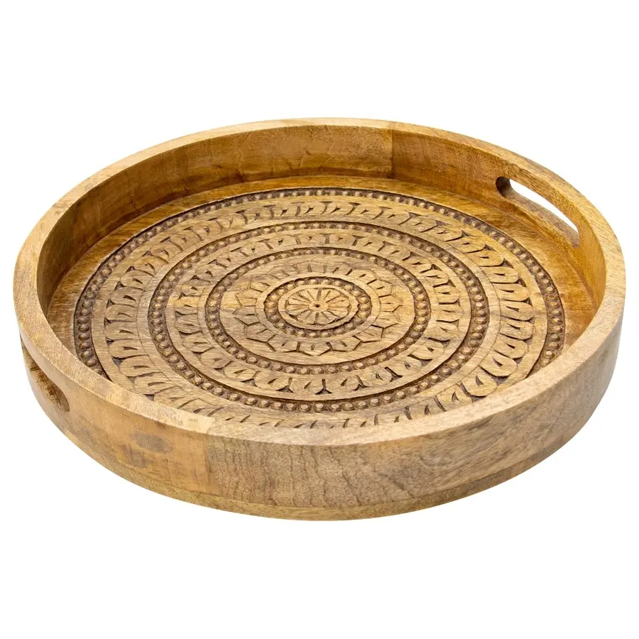 Willow & Silk Handcrafted Mango Wood Round Mandala Tray - Natural