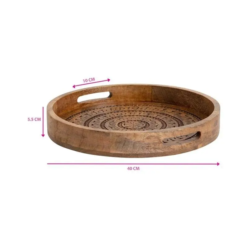 Willow & Silk Handcrafted Mango Wood Round Mandala Tray - Natural