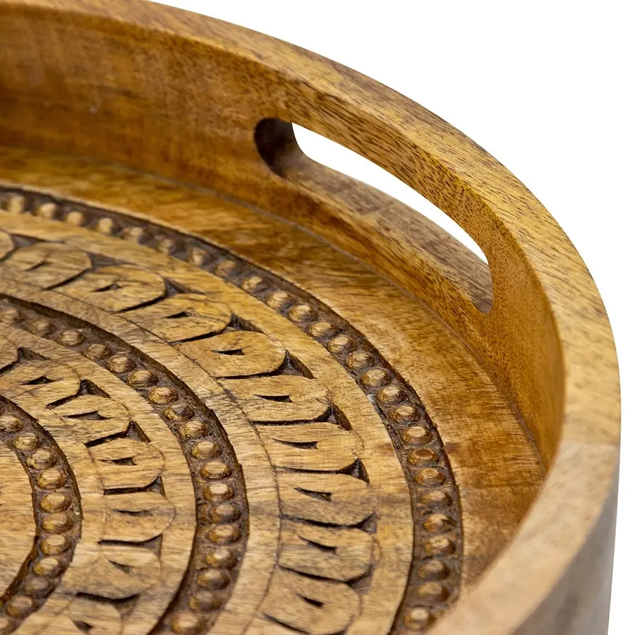 Willow & Silk Handcrafted Mango Wood Round Mandala Tray - Natural