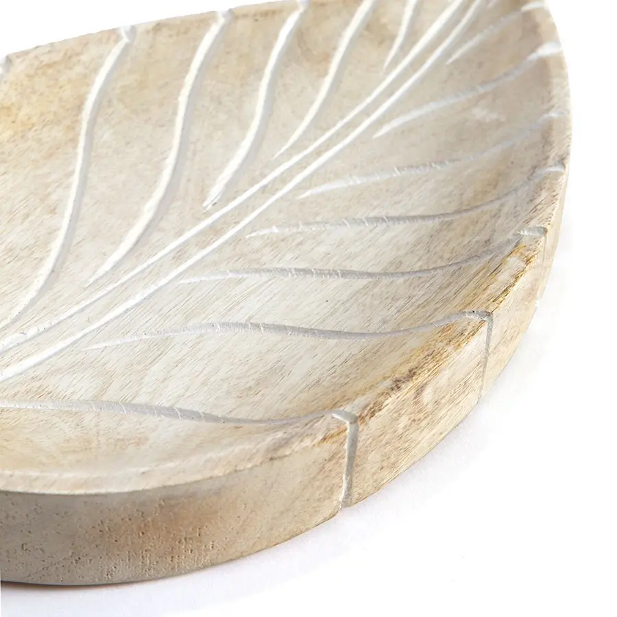 Willow & Silk Handcarved Wooden 30cm Whitewash Leaf Tray