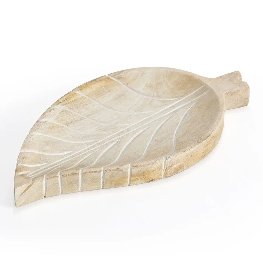 Willow & Silk Handcarved Wooden 30cm Whitewash Leaf Tray