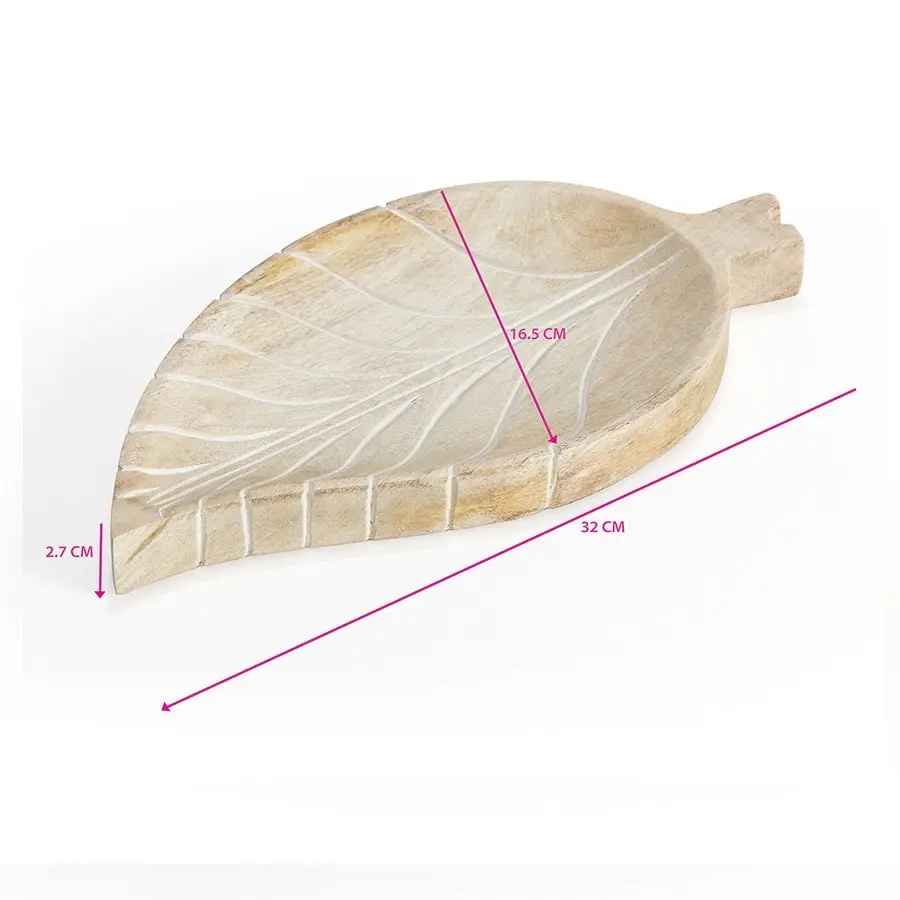 Willow & Silk Handcarved Wooden 30cm Whitewash Leaf Tray