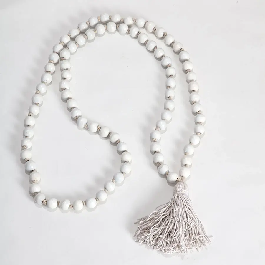 Willow & Silk Handmade 120cm Wooden White Beaded Garland w/Tassel