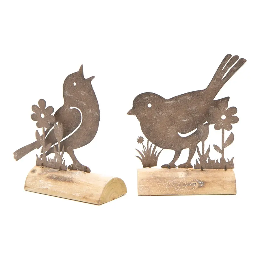 Willow & Silk Rustic 14cm Set of 2 Birds/Flowers on Base Ornaments