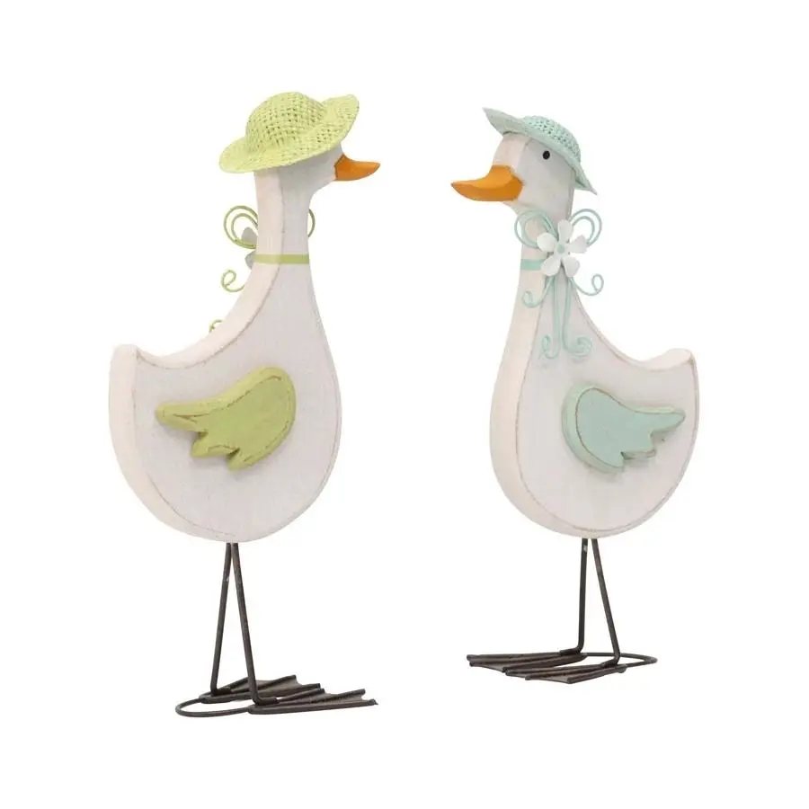 Willow & Silk Wooden 25.5cm Set of 2 Glamorous White Ducks w/Caps Figurine