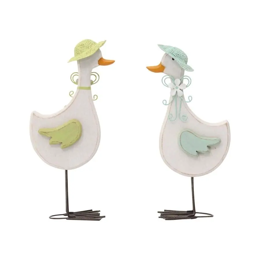 Willow & Silk Wooden 25.5cm Set of 2 Glamorous White Ducks w/Caps Figurine