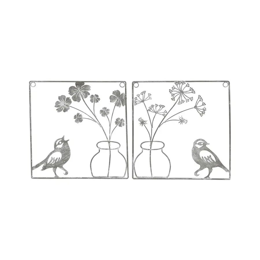 Willow & Silk Metal 20.5cm Set of 2 Plant in Pot w/ Bird Grey Wall Art