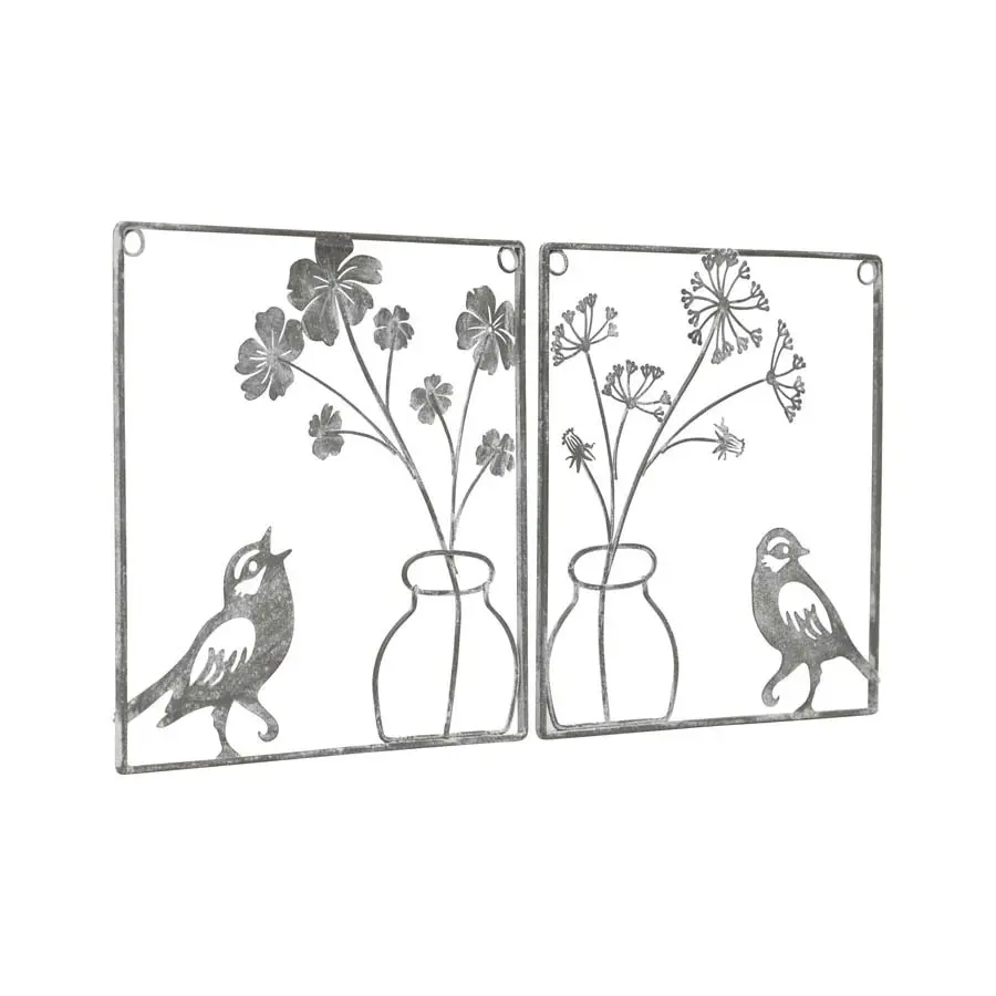 Willow & Silk Metal 20.5cm Set of 2 Plant in Pot w/ Bird Grey Wall Art