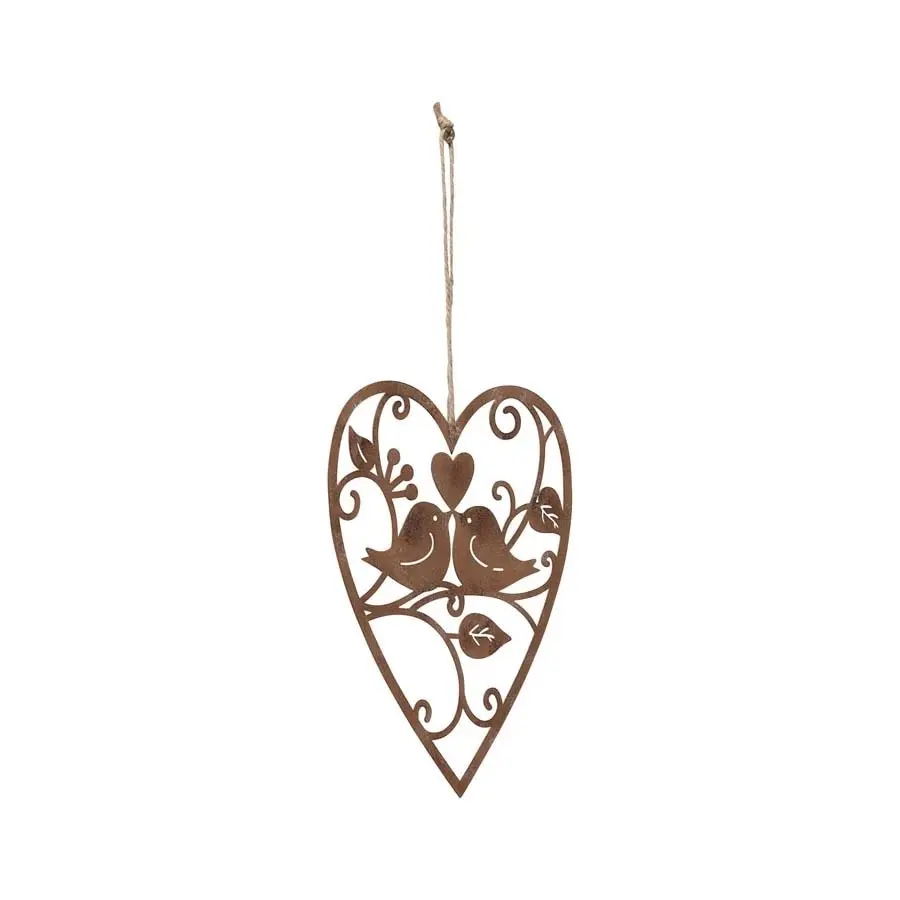 Willow & Silk Hanging Lovebirds in Heart 18.5cm Rust Metal Wall Art