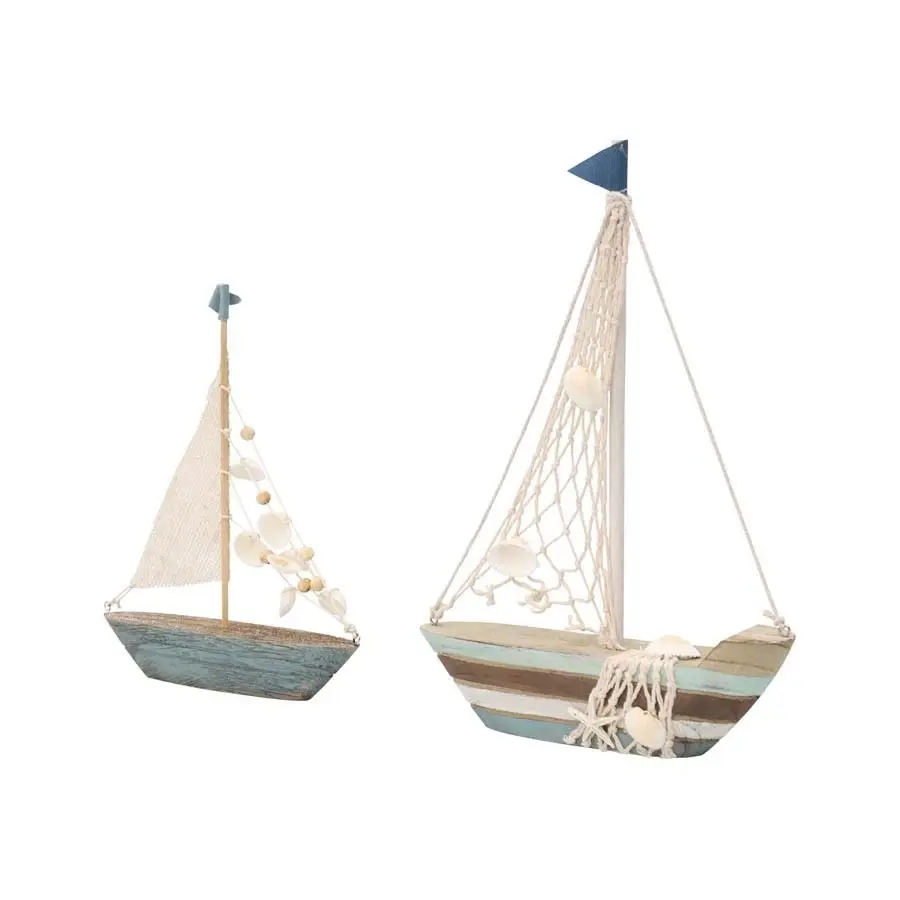 Willow & Silk Wooden 31cm/24cm Set of 2 Sailboat w/Shells Tabletop Ornament