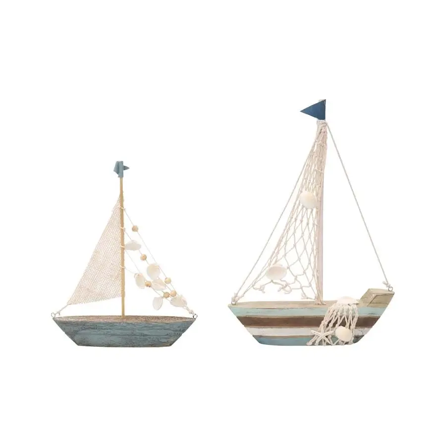 Willow & Silk Wooden 31cm/24cm Set of 2 Sailboat w/Shells Tabletop Ornament