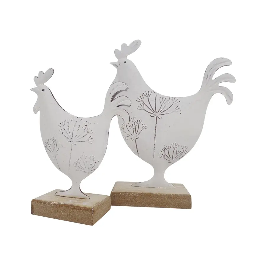 Willow & Silk Set of 2 White 19cm/14.5cm Dad & Son Roosters Ornament