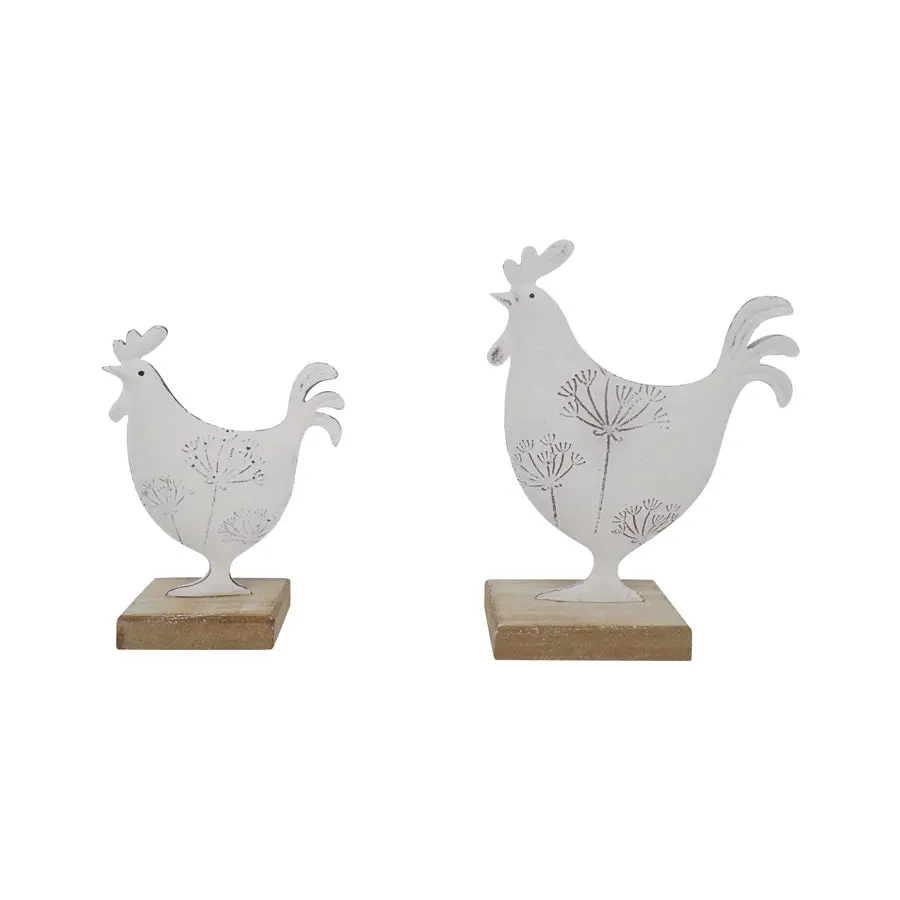 Willow & Silk Set of 2 White 19cm/14.5cm Dad & Son Roosters Ornament