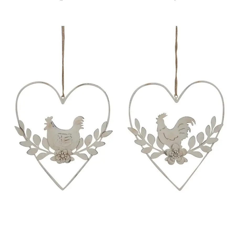 Willow & Silk Hanging Set of 2 Wooden 17.5cm Rooster/Heart Wall Art