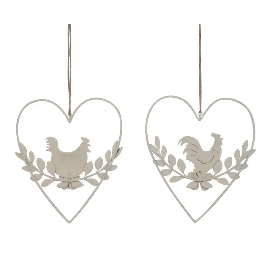 Willow & Silk Hanging Set of 2 Wooden 17.5cm Rooster/Heart Wall Art