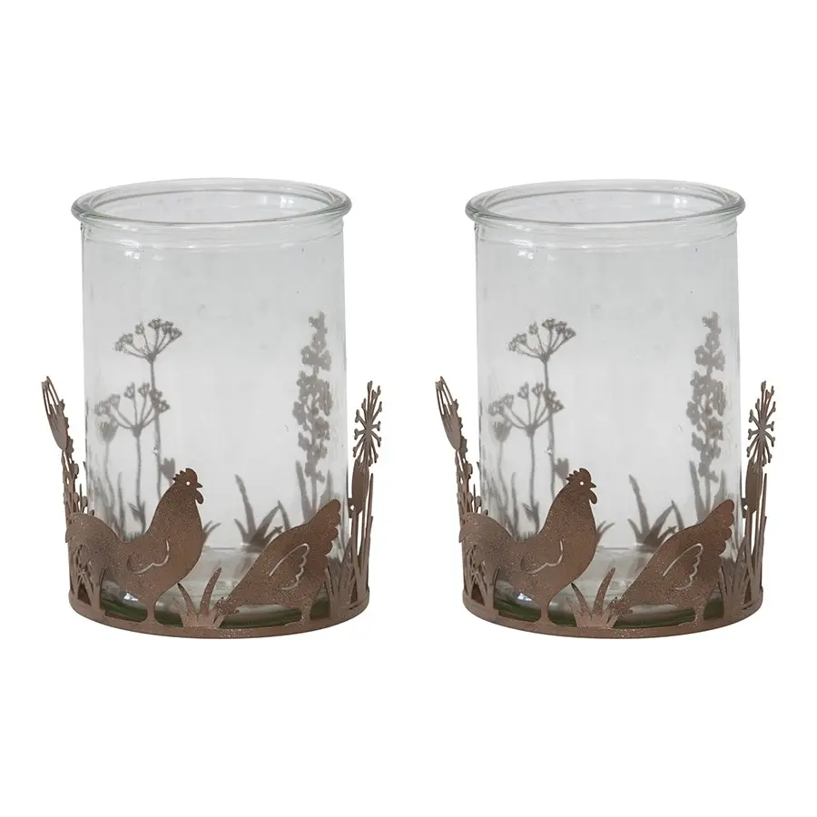 Willow & Silk Set of 2 Metal Glass 10.5cm Rustic Chook Candle Holders