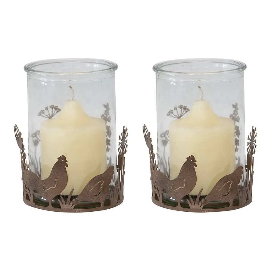 Willow & Silk Set of 2 Metal Glass 10.5cm Rustic Chook Candle Holders