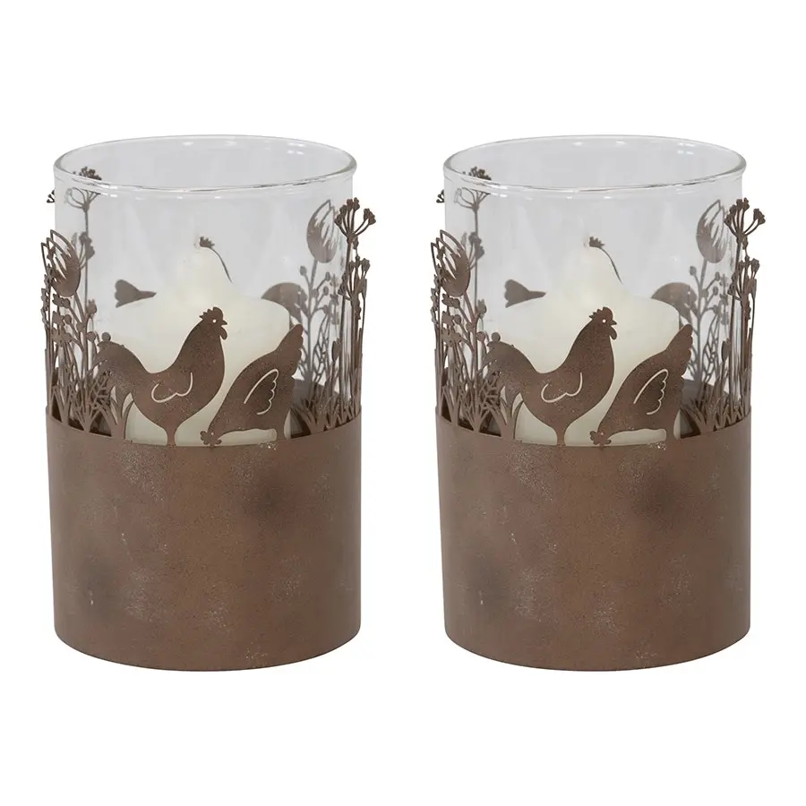 Willow & Silk Set of 2 17cm Metal/Glass Rustic Chook Candle Holders