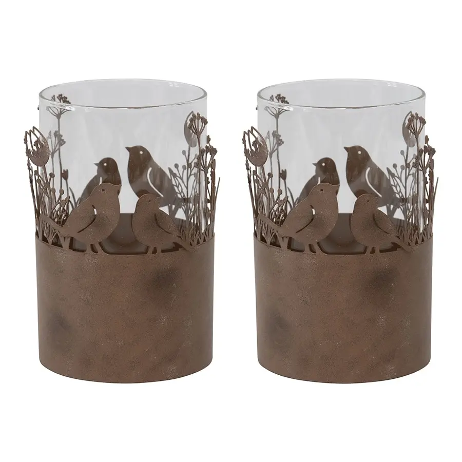 Willow & Silk Set of 2 Metal Glass 17cm Rustic Bird Candle Holders