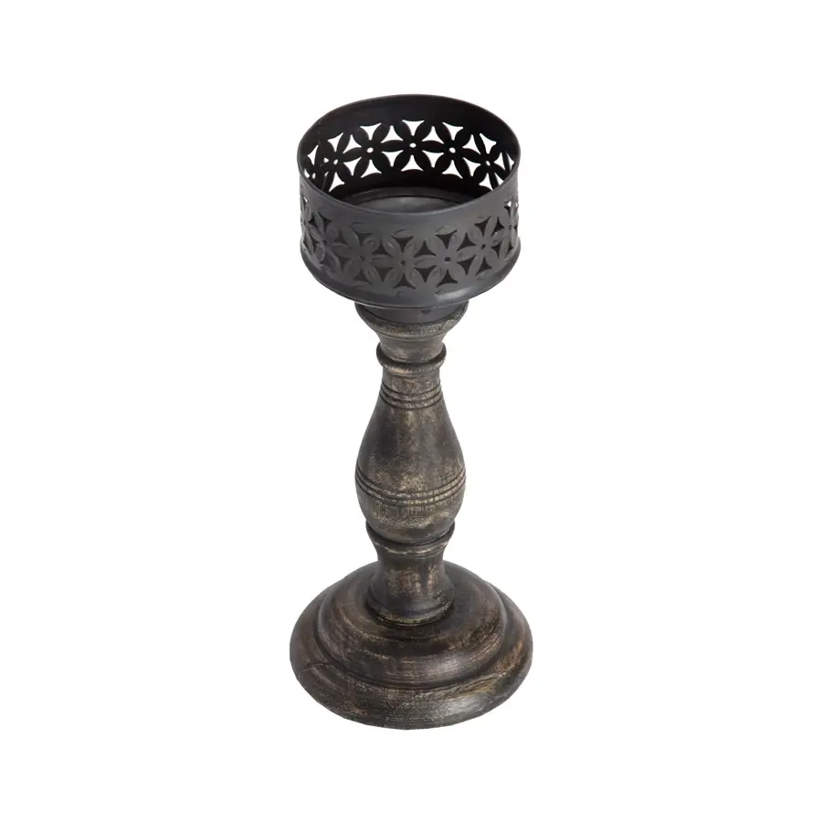 Willow & Silk Handmade Vintage Black 27cm Baroque Pillar Candle Holder