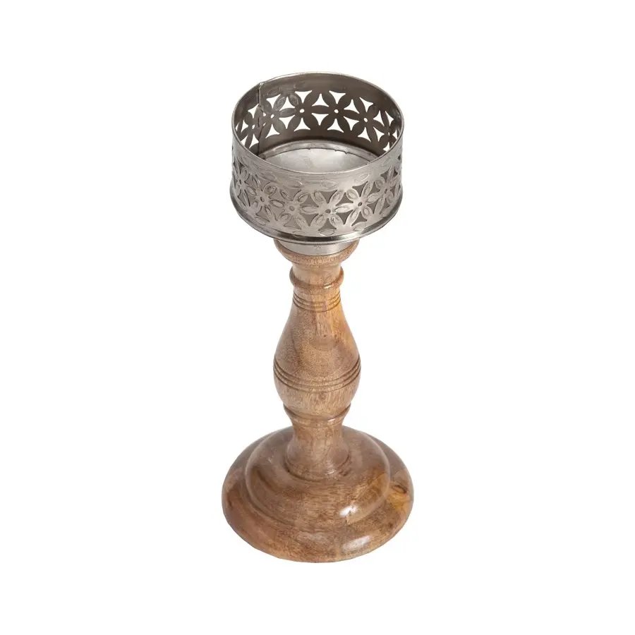 Willow & Silk Vintage Wooden 26cm Bloom Pillar Candle Holder