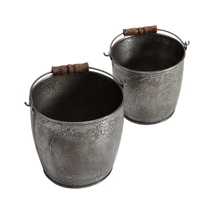 Willow & Silk Nested Metal 23/21cm Set of 2 Silver Bucket Planters w/Handle