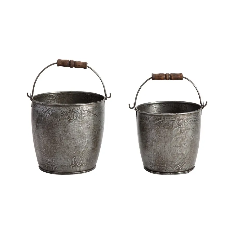 Willow & Silk Nested Metal 23/21cm Set of 2 Silver Bucket Planters w/Handle