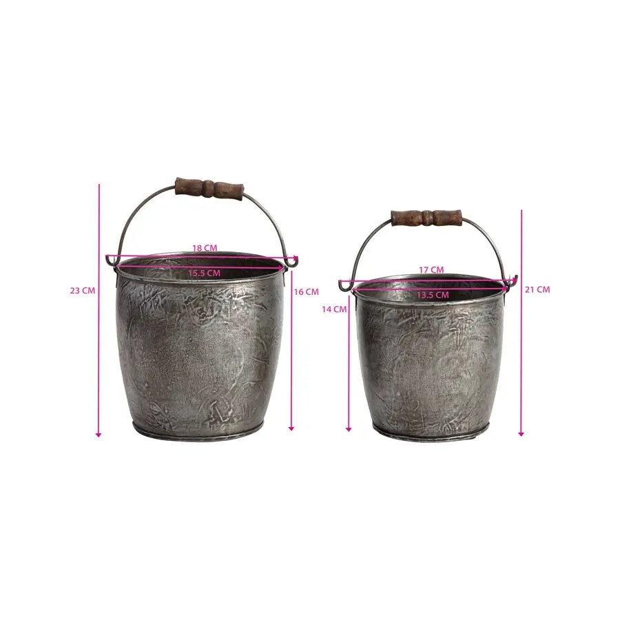 Willow & Silk Nested Metal 23/21cm Set of 2 Silver Bucket Planters w/Handle