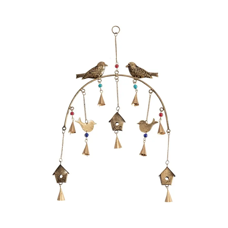 Willow & Silk Handmade 50cm Golden Hanging Arch Bird House/Bells Wind Chime