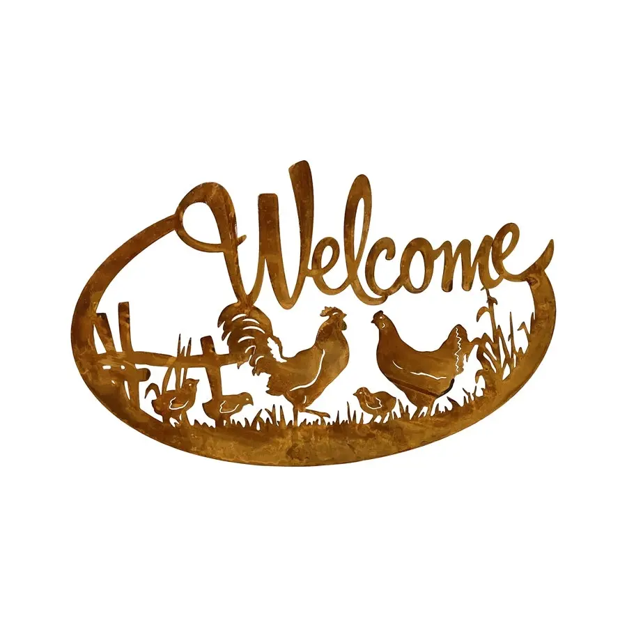 Willow & Silk Rusty Metal 60.5cm Chicken Family 'Welcome' Wall Art