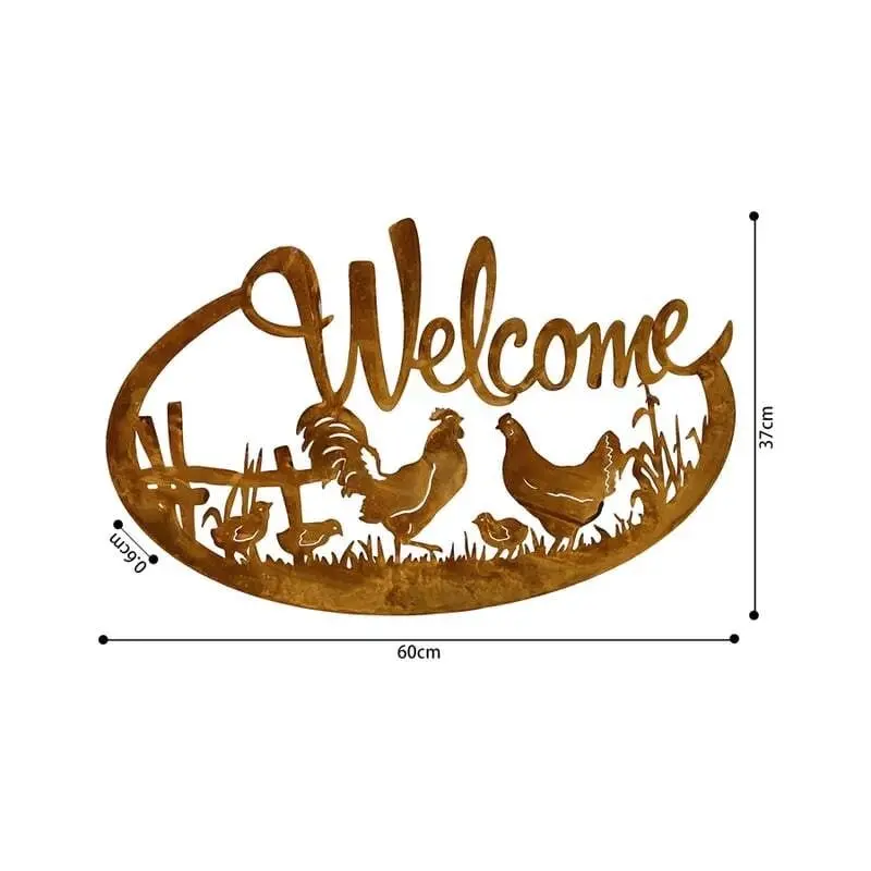 Willow & Silk Rusty Metal 60.5cm Chicken Family 'Welcome' Wall Art