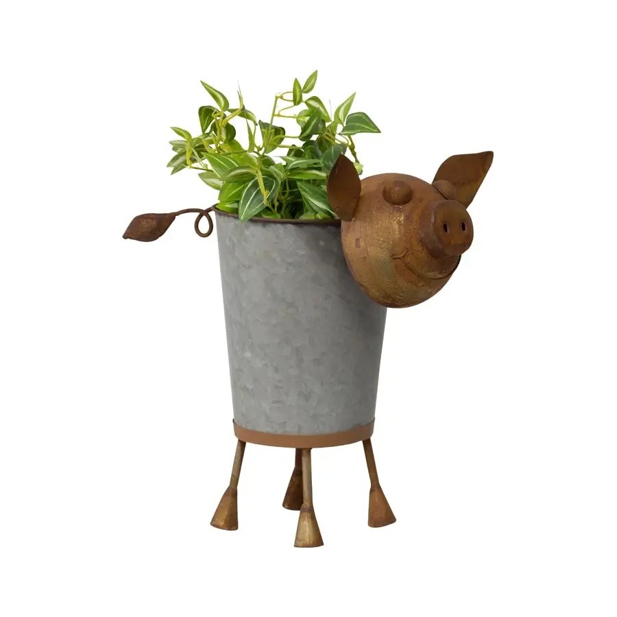 Willow & Silk Metal 36cm Rustic Pig Garden Pot/Planter