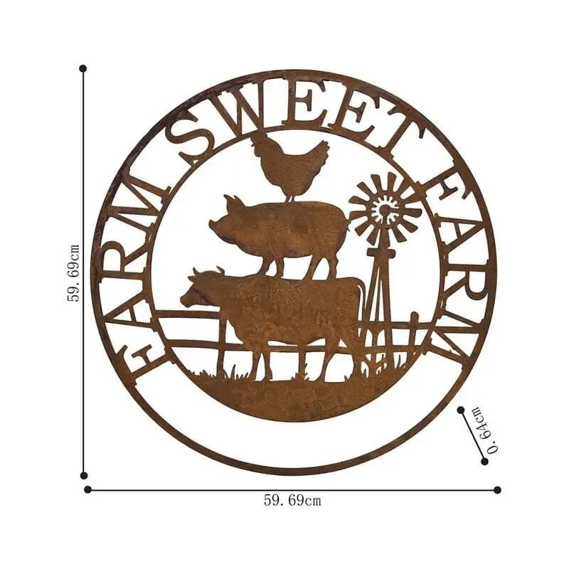 Willow & Silk Laser-Cut 60cm Rusty Metal 'Farm Sweet Farm' Round Wall Art