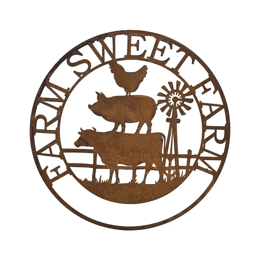 Willow & Silk Laser-Cut 60cm Rusty Metal 'Farm Sweet Farm' Round Wall Art