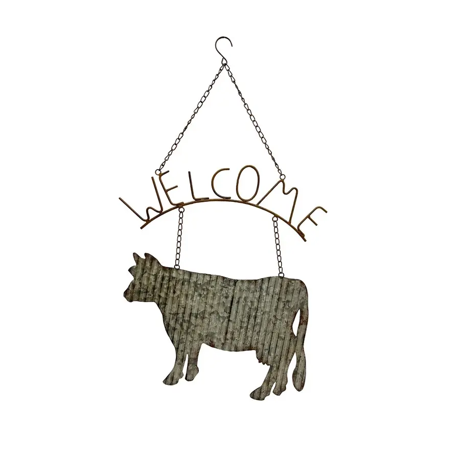 Willow & Silk Hanging 74cm Rustic Metal Cow 'Welcome' Plaque Sign Wall Art