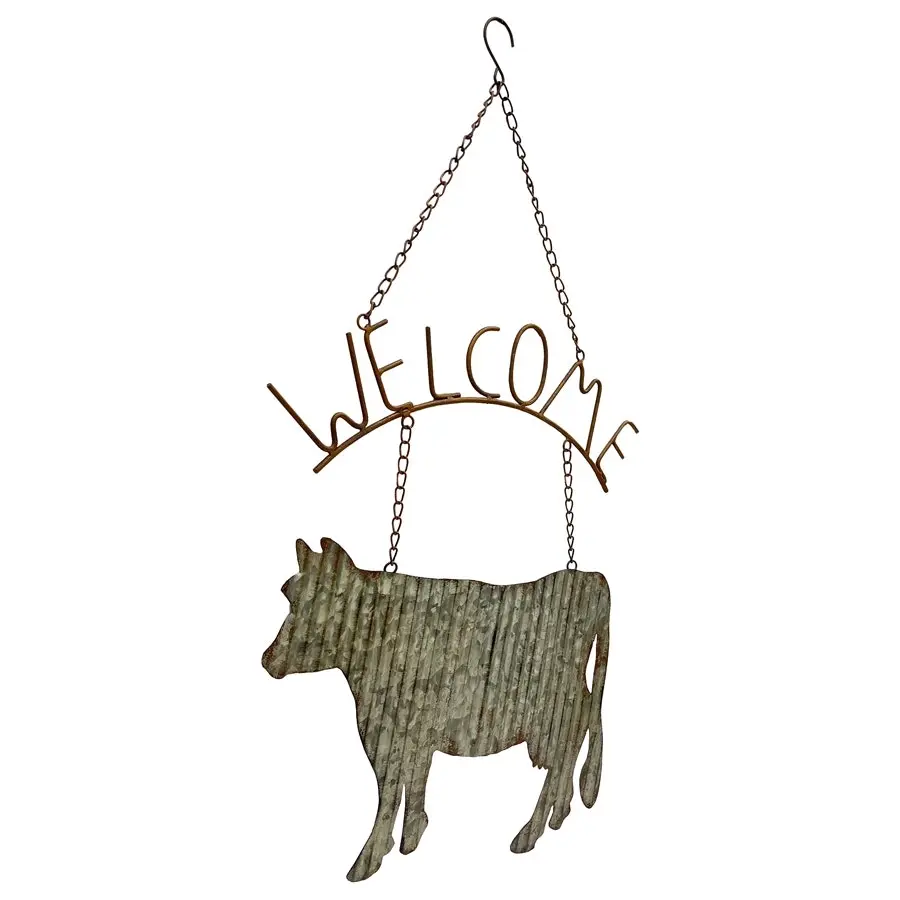 Willow & Silk Hanging 74cm Rustic Metal Cow 'Welcome' Plaque Sign Wall Art