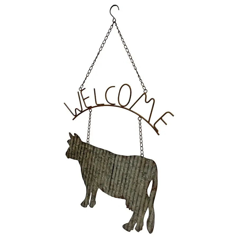 Willow & Silk Hanging 74cm Rustic Metal Cow 'Welcome' Plaque Sign Wall Art