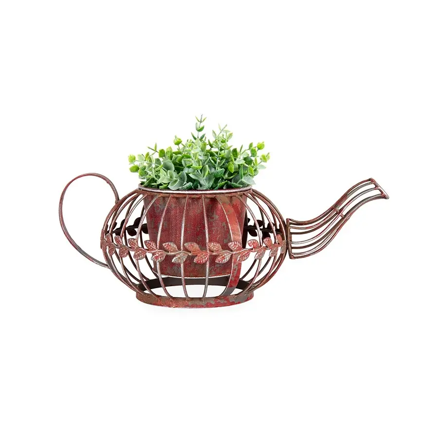 Willow & Silk Metal 36cm Antique Red Teapot/Kettle Garden Pot/Planter