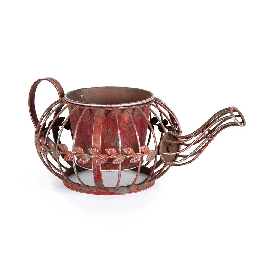 Willow & Silk Metal 36cm Antique Red Teapot/Kettle Garden Pot/Planter