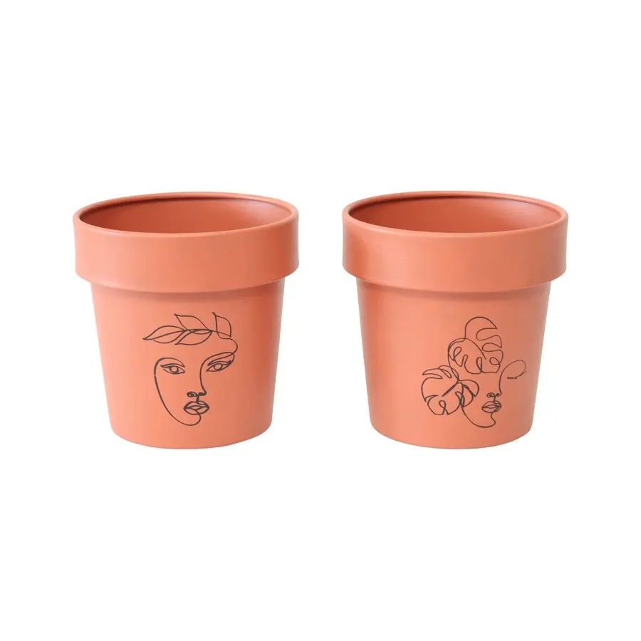 Willow & Silk Line Face Art Pots 13cm Metal Set of 2 Terracotta Planters