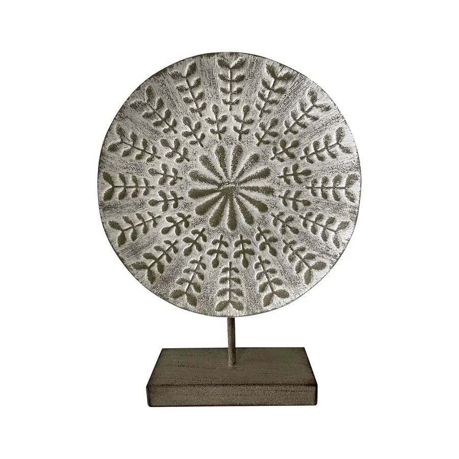 Willow & Silk Metal 40cm White Round Leaves Plaque on Base Ornament