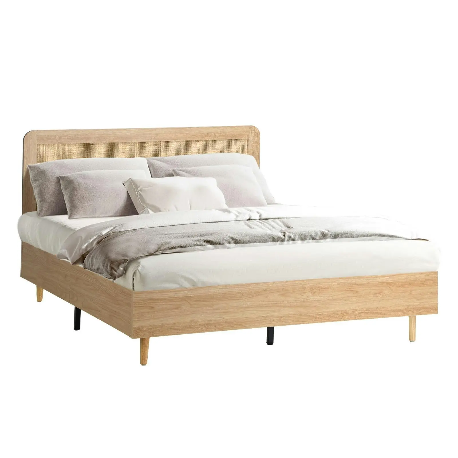 Oikiture Bed Frame Queen Size Wooden Bed Platform Genuine Rattan