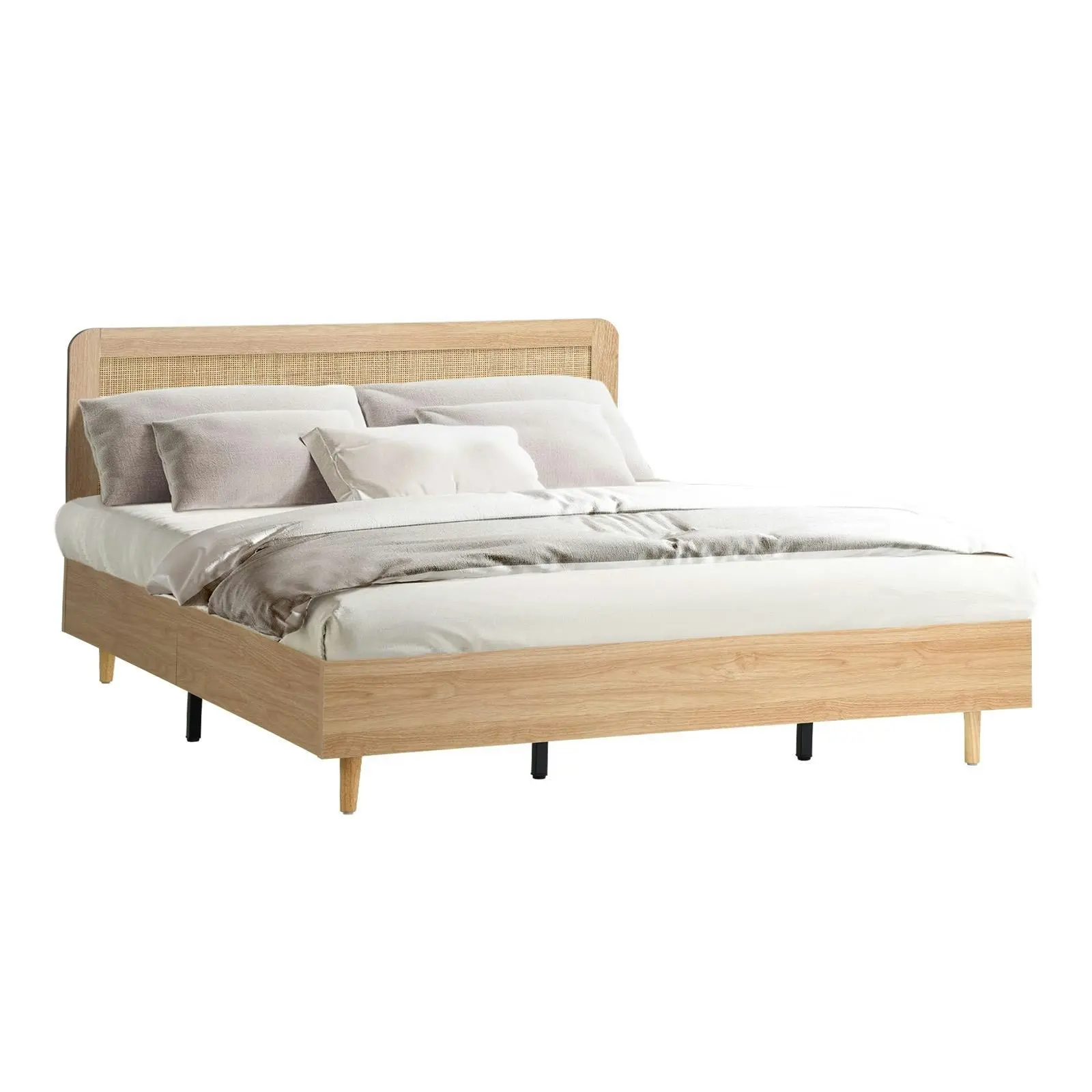 Oikiture Bed Frame King Size Wooden Bed Platform Genuine Rattan