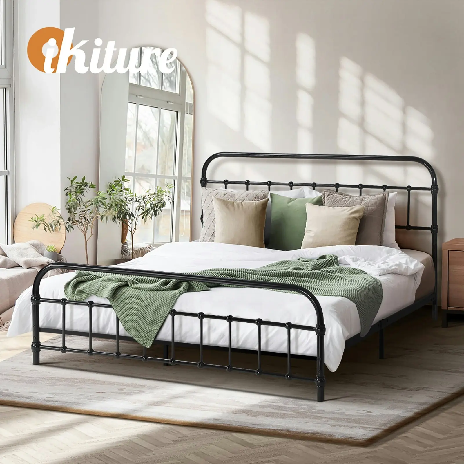 Oikiture Metal Bed Frame Queen Size Bed Base Platform