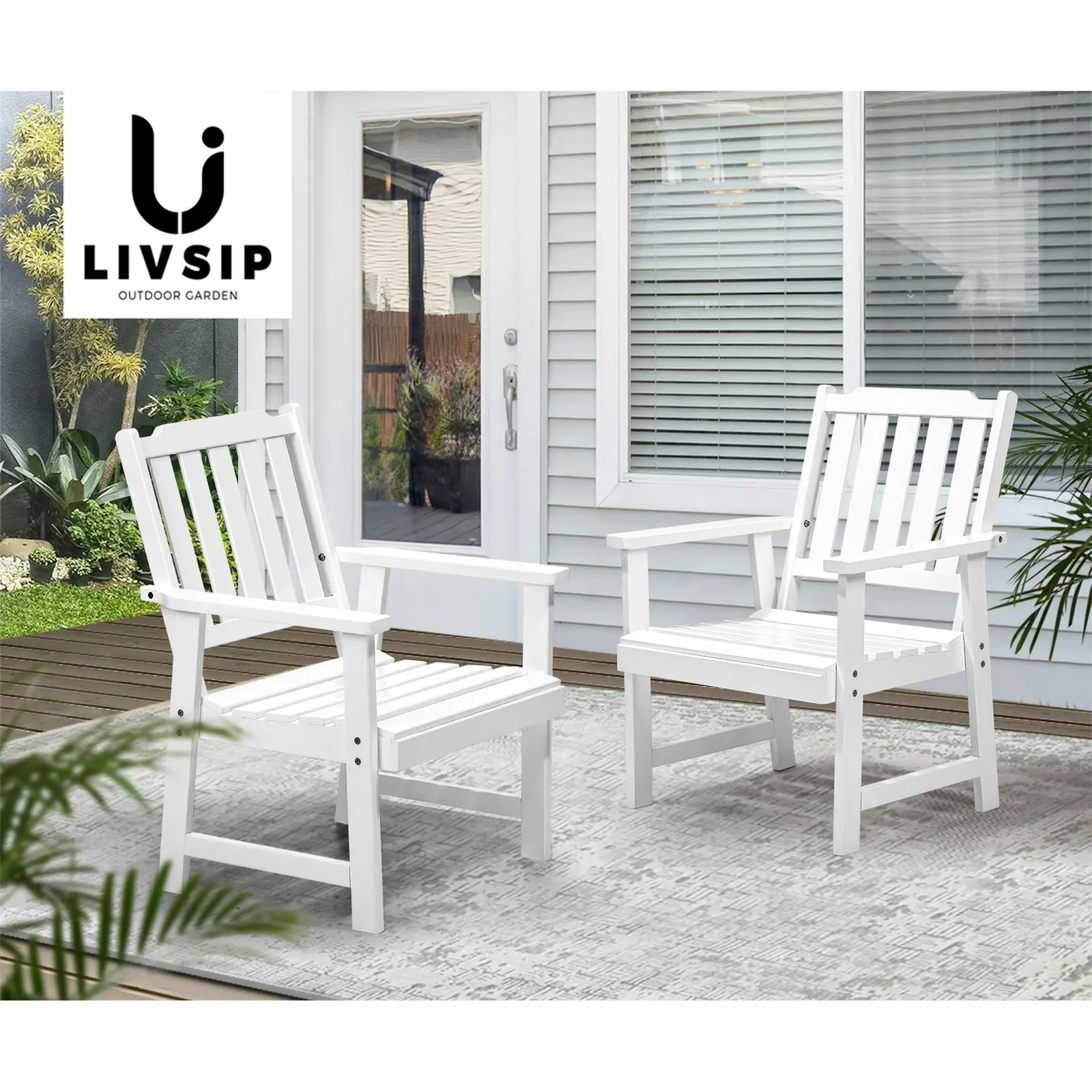 Livsip Outdoor Armchair Wooden Patio Furniture 2PCS Chairs Set Garden Seat White