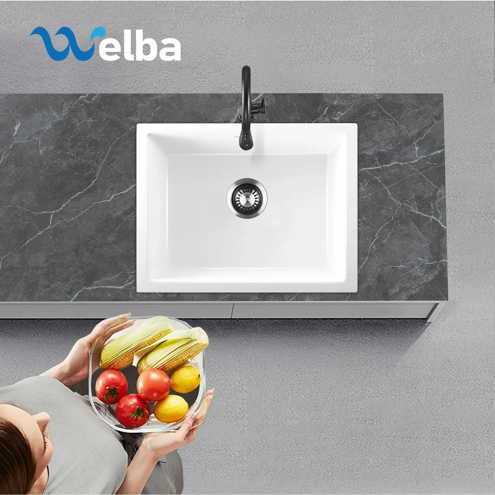 Welba Kitchen Sink 55x45cm Granite Stone Sink Laundry Basin Single Bowl White