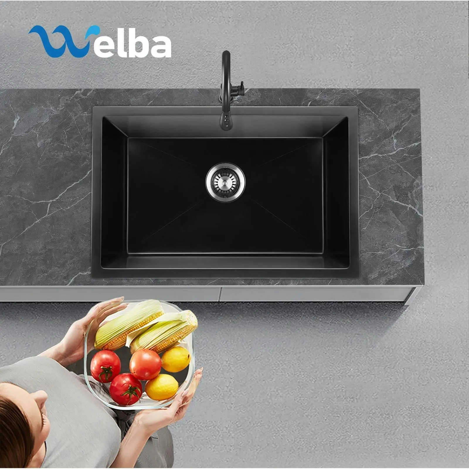 Welba Kitchen Sink 70x45cm Granite Stone Sink Laundry Basin Single Bowl Black