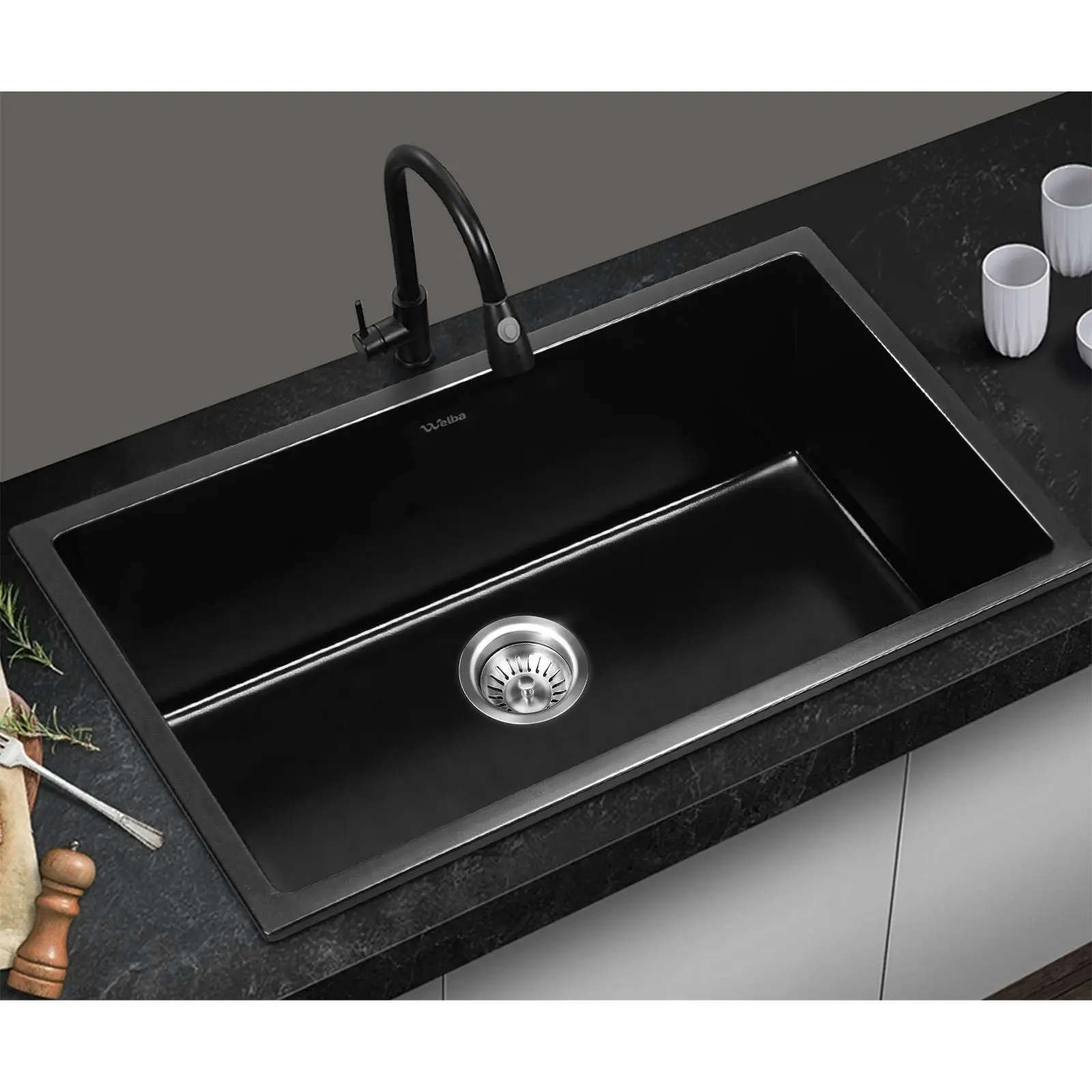 Welba Kitchen Sink 70x45cm Granite Stone Sink Laundry Basin Single Bowl Black